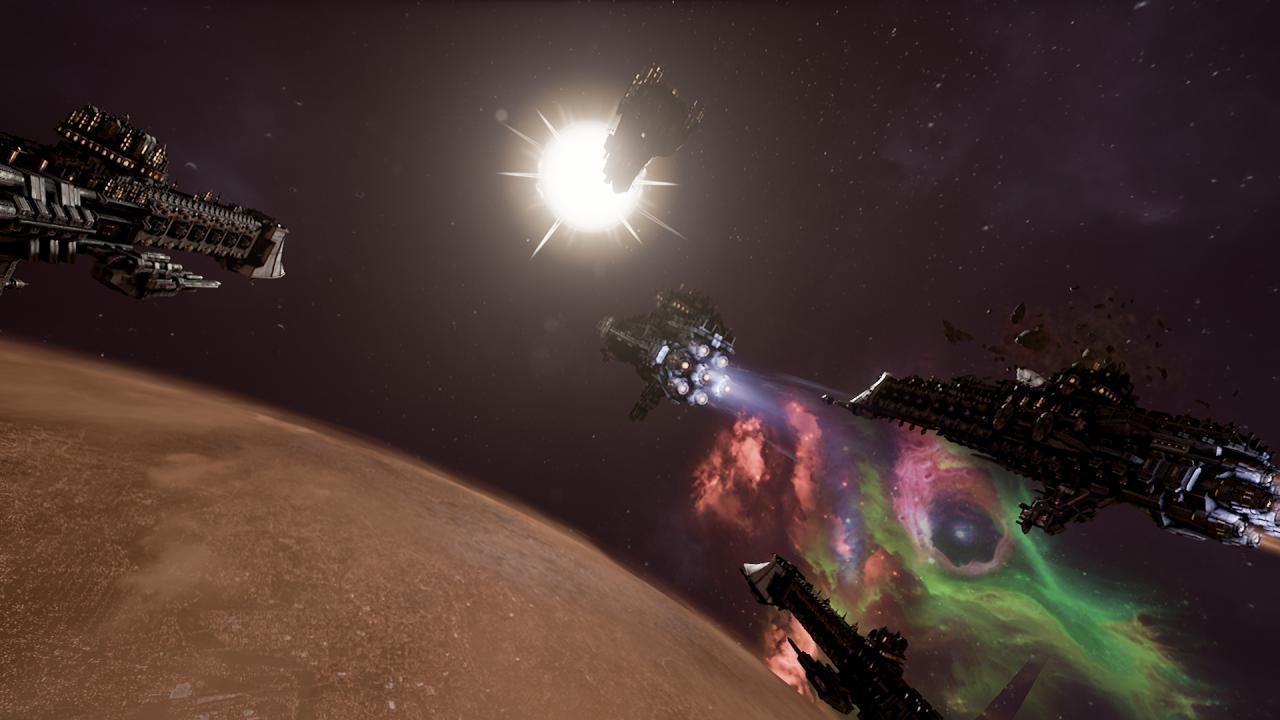 Vor jeder Schlacht sehen wir unsere Flotte in einer schicken Cutscene über den Bildschirm ziehen.