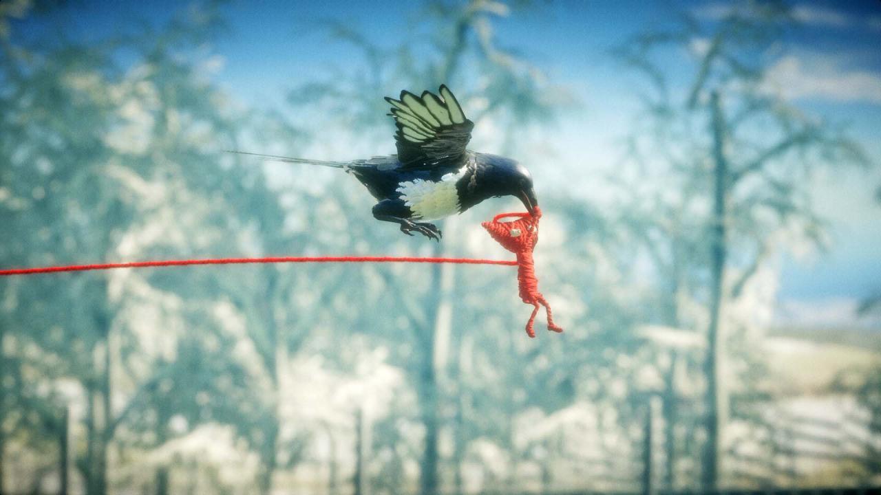 [14/04/2016] Geflügelter Bote: Diese Elster hilft Yarny, nachdem er sie aus einem Drahtgeflecht befreit hat. Vor anderen Rabenvögeln allerdings sollte sich das Wollmännchen in Acht nehmen (PS4)