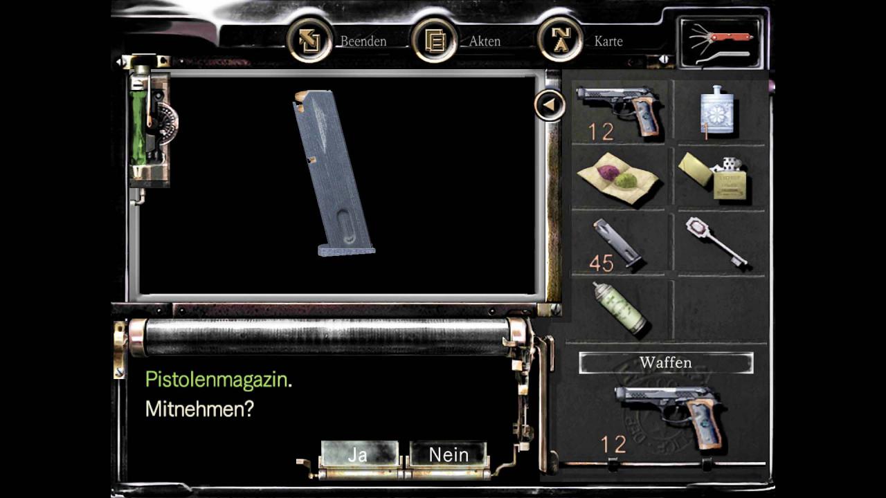 [04/04/2016] Wohlüberlegt: Item-Management ist in beiden Spielen sehr wichtig. Dies ist das Inventar von Resident Evil. (PC)
