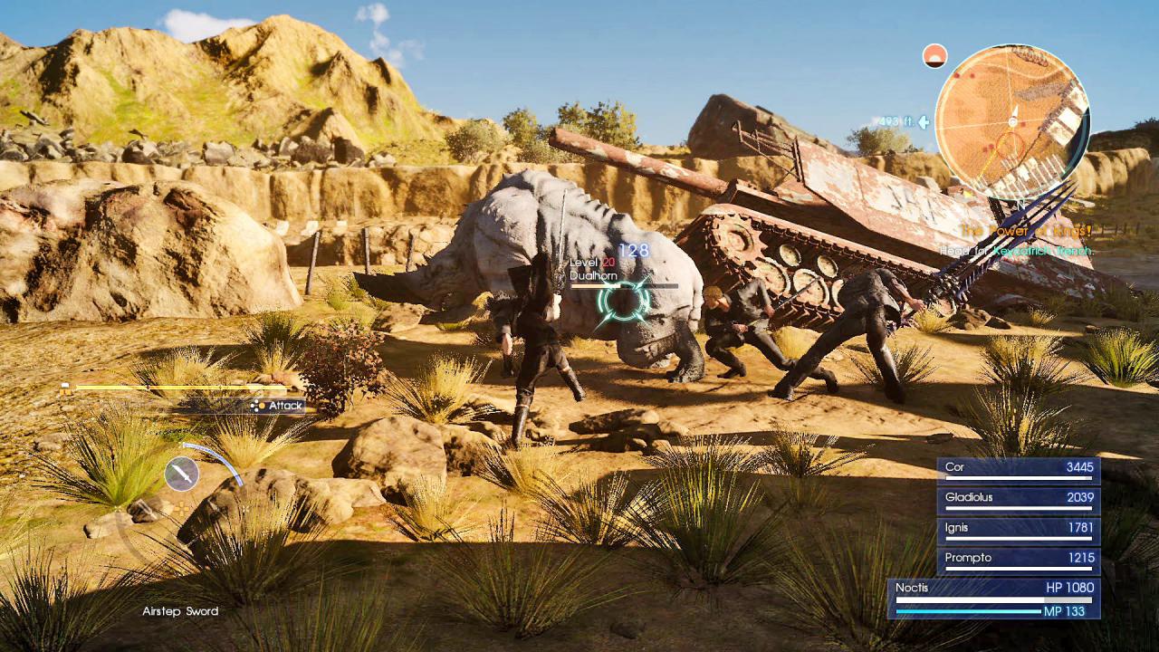 [23/05/2016] Jäger und Sammler: Einige Sidequests drehen sich um das Erlegen von Tieren. Hier kämpft unser Team gerade gegen ein Dualhorn. (PS4)