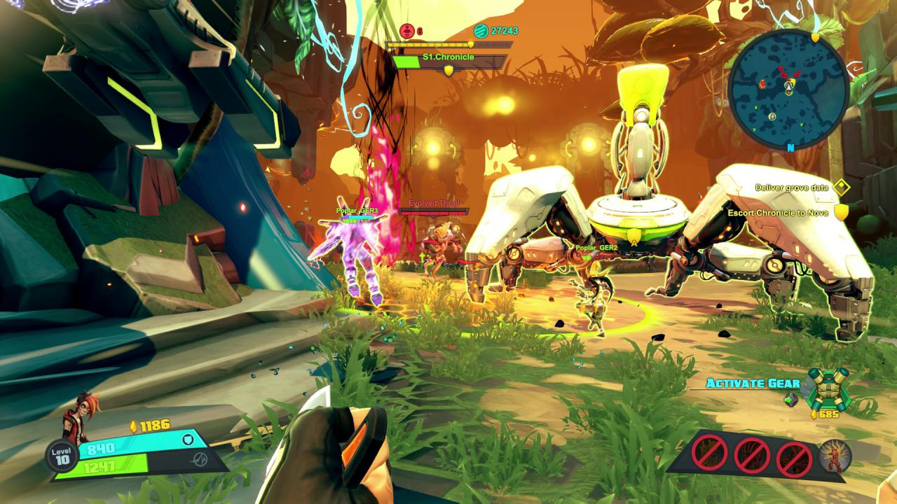 [03/05/2016] Battleborn: In den Eskortierungsmissionen müssen wir riesigen Mechdroiden zur Hand gehen.