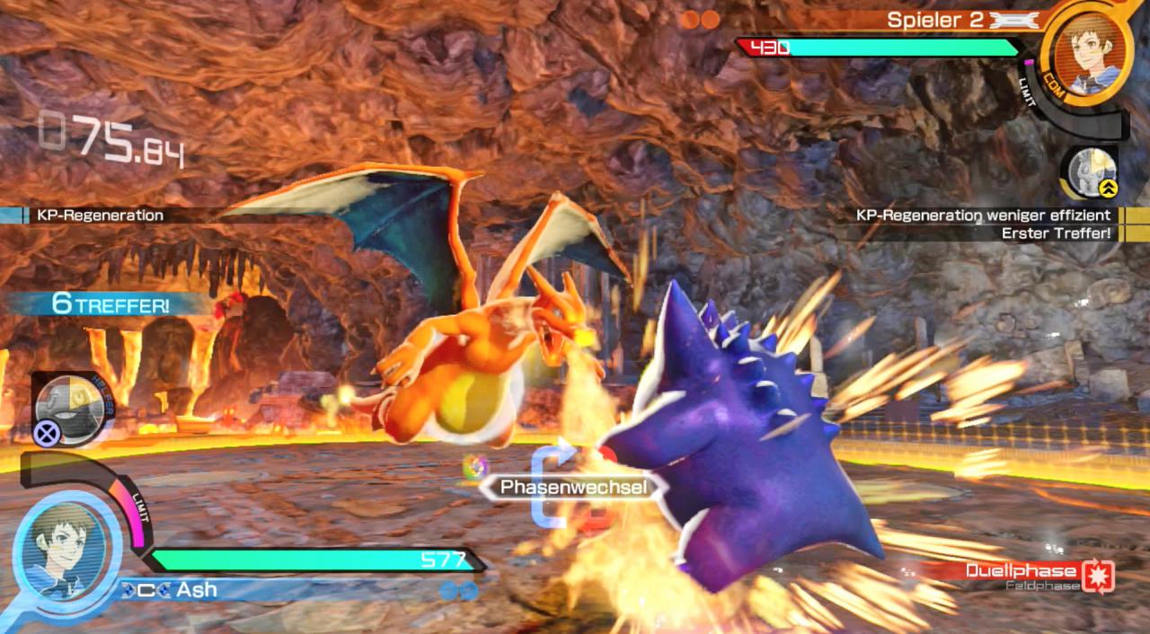 [09/05/2016] Kampf der Kolosse: Wenn Glurak und Gengar im Ring stehen, bebt die Erde. Die Lava-Landschaft bietet die würdige Kulisse für dieses epische Kräftemessen! (Wii U)