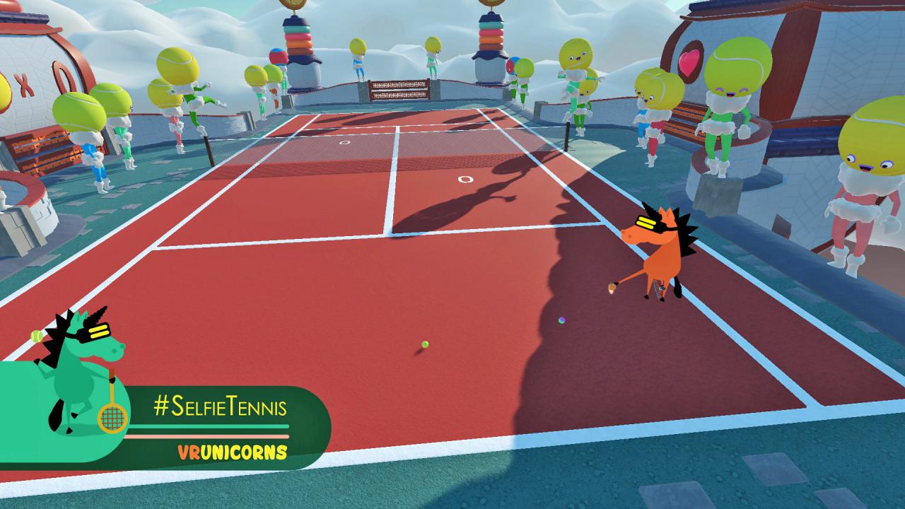 [20/06/2016] Ziemlich abgefahren: Die humanoiden Tennisbälle oder das Einhorn mit der VR-Brille sind nicht auf jedermanns Tennisplatz zu finden und machen das Spiel recht reizvoll. (Vive)