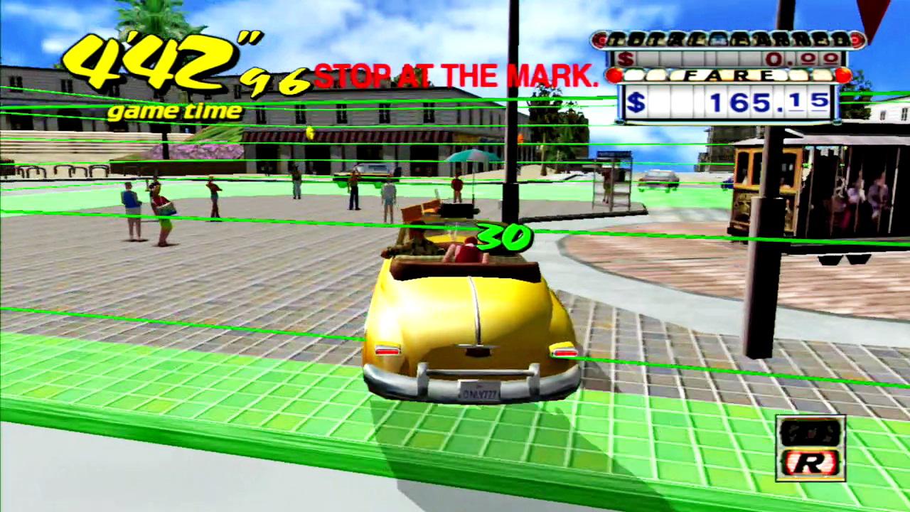 [07/06/2016] Halt: In den grün markierten Bereichen gilt es, das Taxi zu stoppen und dann den Passagier aussteigen zu lassen. Hier kann man wertvolle Sekunden herausholen. (PS3)