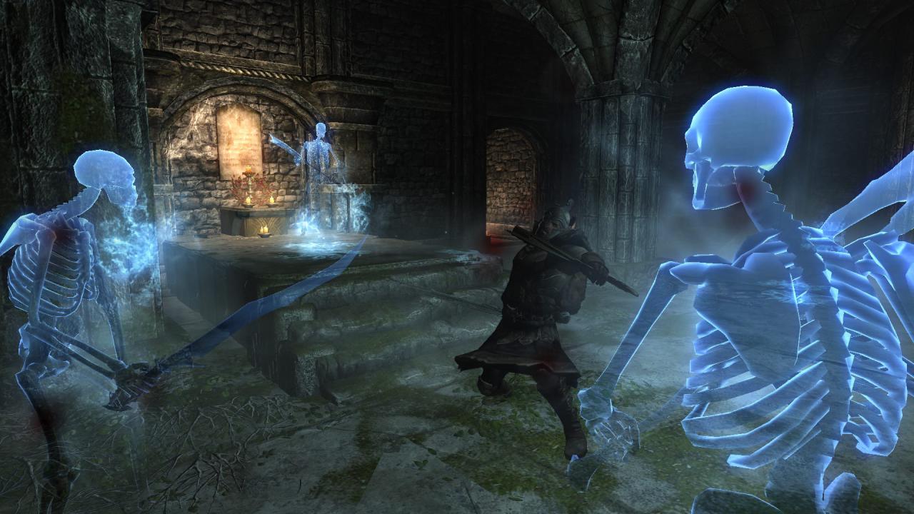 Unterwegs in einem Dungeon bekommen wir es mit Geisterskeletten zu tun.
