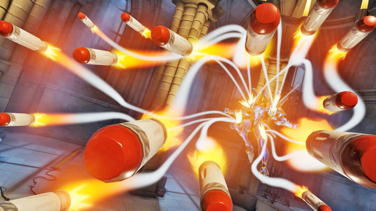 [19/07/2016] Wuchtig: Zu Pharahs Ultimate-Fähigkeit zählt ein mächtiger Raketenwirbel, der bei überlegtem Einsatz ein gesamtes gegnerisches Team ausradieren kann. (PS4)