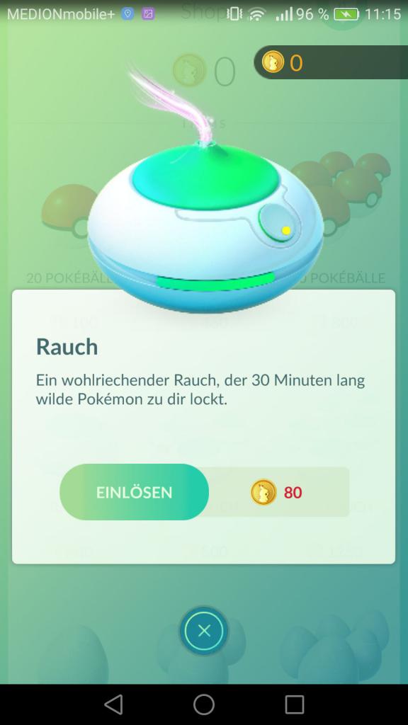 [13/07/2016] Mit Rauch lockt ihr für 30 Minuten Pokémon an. Ihr braucht es nicht kaufen, da es Rauch auch als Belohnung gibt.