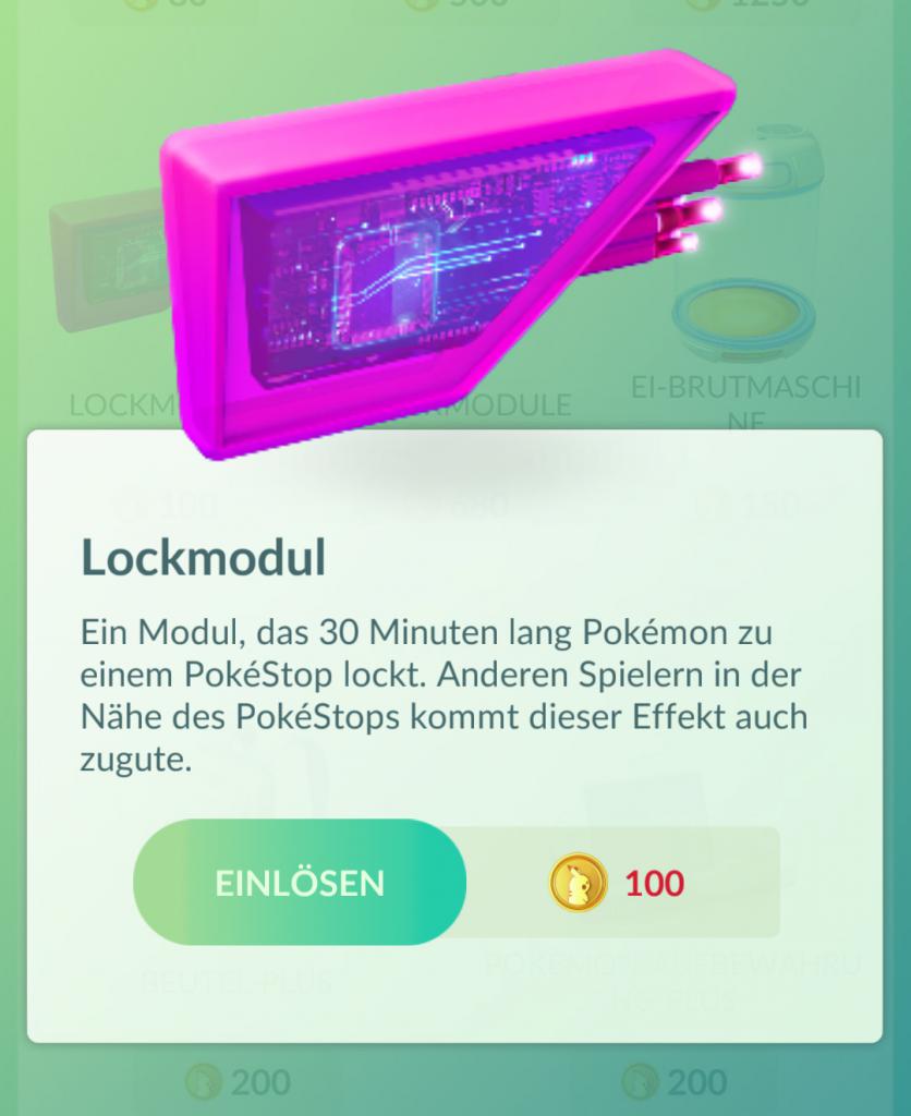 [13/07/2016] An Pokéstops platzierte Lockmodule sorgen für ein vermehrtes Auftreten wilder Pokémon in der Umgebung. Davon profitieren auch eure Mitspieler!