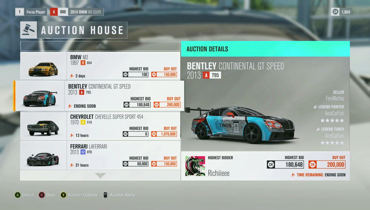 [16/08/2016] 3, 2, 1, meins: Im Auktionshaus lassen sich einzigartig designte und getunte Karossen ersteigern, wie dieser Bentley Continental GT Speed mit roten Außenspiegeln. (Xbox One)