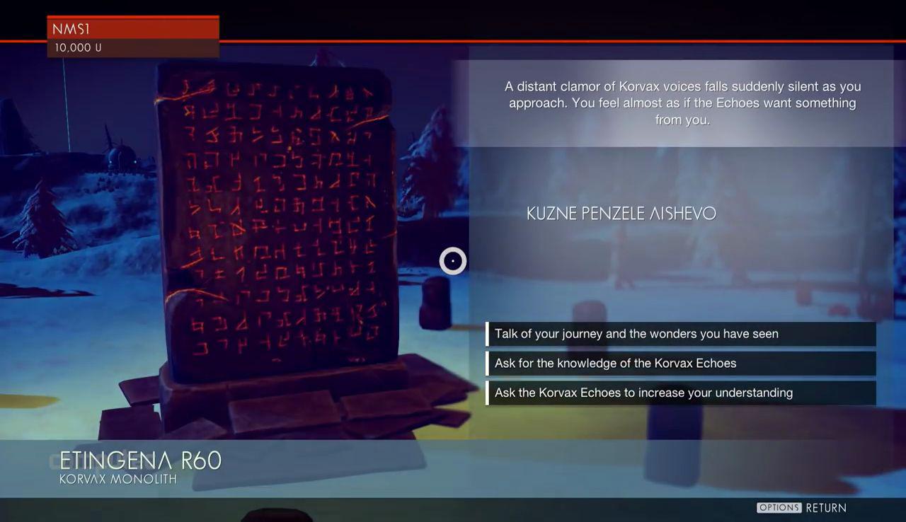 [15/09/2016] Wer in No Man's Sky fleißig Sprach-Monolithen aufspürt, kann sich später mit Aliens unterhalten.