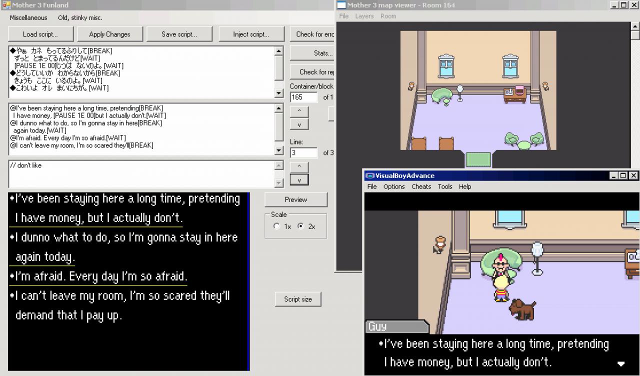 [23/09/2016] Mit dieser Oberfläche arbeitete Clyde Mandelin an seiner Übersetzung von Mother 3. Änderungen lassen sich so schnell implementieren und verfolgen.