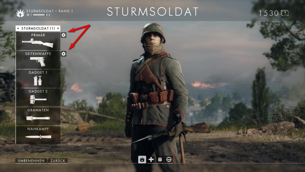 [21/10/2016] Wo kann ich meine Battlepack-Skins auf die Waffen pappen? Neben Visierkonfiguration und weiteren Einstellungen gibt es hinter den Zahnrädern oben links auch den Menüpunkt 