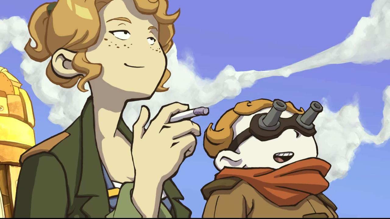 Zwei Figuren aus Deponia schauen in den Himmel