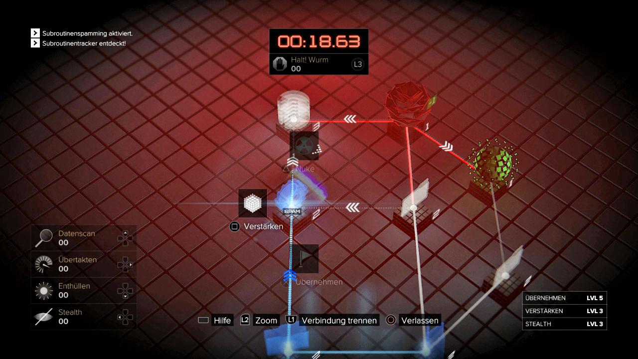 [12/10/2016] Gehacktes: Unser Ziel ist es, den Speicher rechts in grün zu übernehmen. Doch die Firewall in rot streckt bereits ihre Fühler aus. Wir müssen uns beeilen! (PS4)