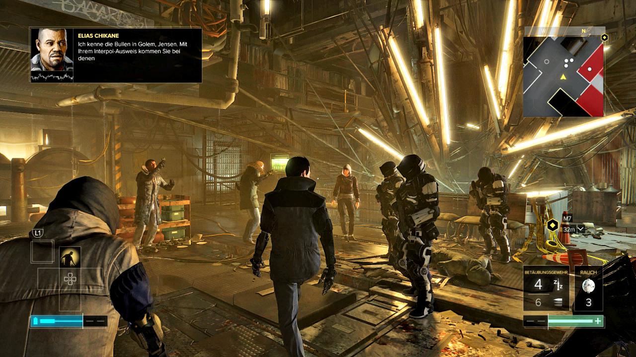 [12/10/2016] Neonhölle: Die künstliche Beleuchtung im Ghetto Golem City ist ein echter Augenschmaus. Viele versteckte Schleichwege laden zum Herumschnüffeln ein. (PS4)