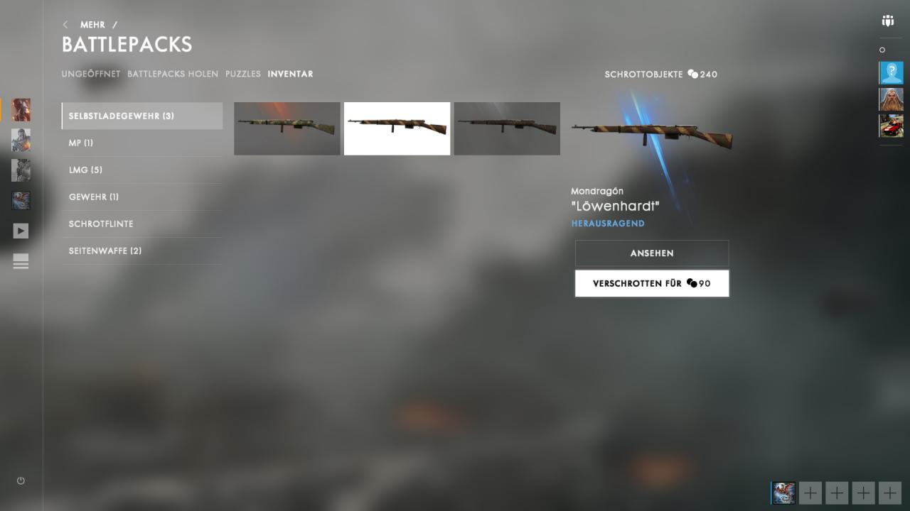 [21/10/2016] Battlefield 1: Euer Inventar quillt über vor unnützen Skins? Dann verschrottet sie und erhaltet Schrottobjekte dafür, die ihr wiederum für den Kauf neuer Battlepacks ausgebt.