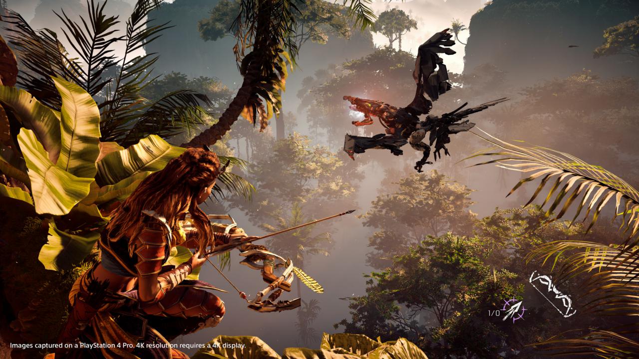 [02/11/2016] Steinzeitwaffe: Ohne ihren Bogen wäre Aloy in dieser gefährlichen Welt aufgeschmissen. Die Waffe lässt sich upgraden und mit vielerlei Pfeilarten ausrüsten. (PS4)