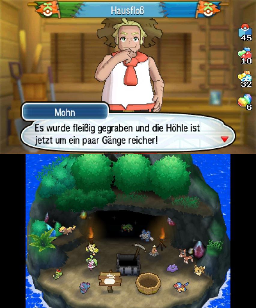 [24/11/2016] Sobald ihr das Pokémon Resort ein wenig ausgebaut habt, könnt ihr auf dieser Insel während ihr spielt nach Steinen und Stücken graben. Also besser gesagt eure Pokémon.