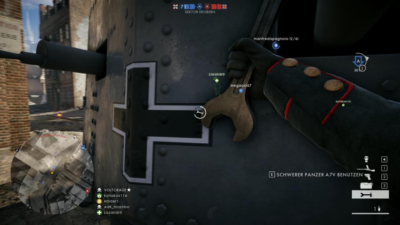 [03/11/2016] Battlefield 1: Als Beifahrer mit Reparaturschlüssel springen wir fix aus der Stahlkiste und reparieren den Schaden.