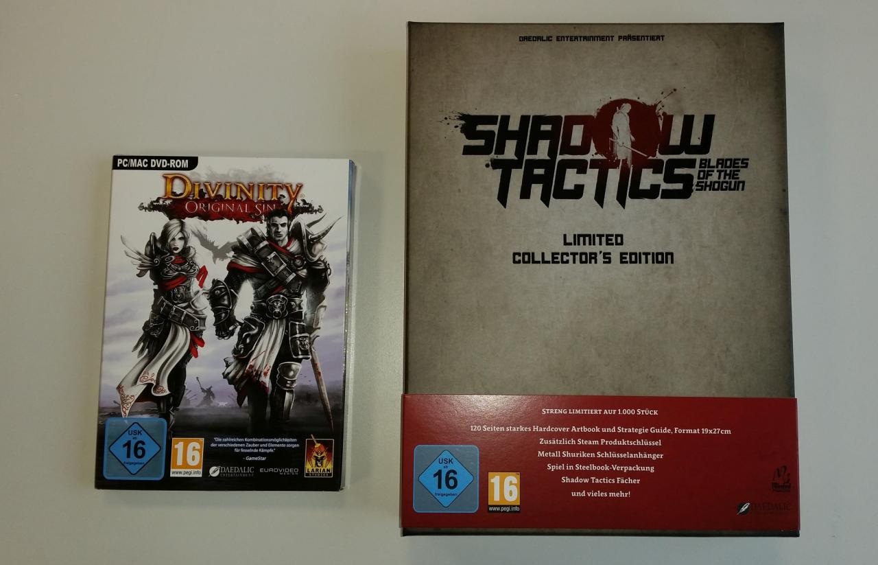 Größenvergleich: Links eine normale Version von Divinity: Original Sin, rechts die Collector's Edition von Shadow Tactics.