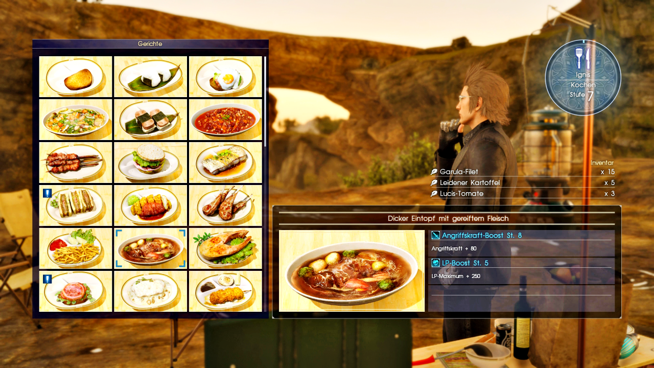 [10/01/2017] Küchenchef: Ignis kocht für das Quartett, wenn ihr in der Wildnis lagert. Die Gerichte verleihen euch teilweise sehr nützliche Boni für den nächsten Tag! (PS4)