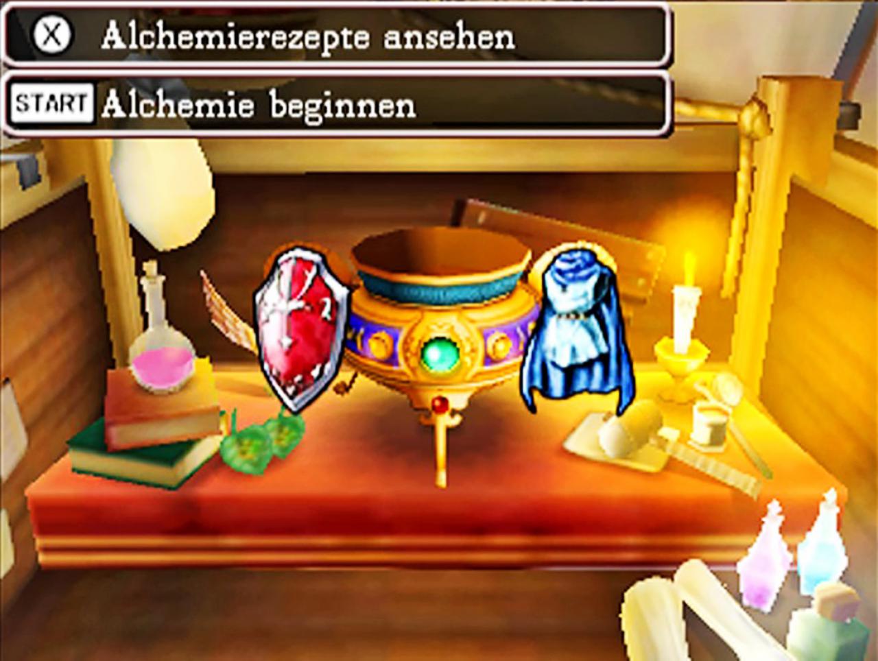 [09/03/2017] Hexenkessel: Ihr könnt eine Vielzahl von Gegenständen per Rezept oder durch Rumprobieren zu neuen Items kombinieren. In der 3DS-Fassung sogar ohne minutenlange Wartezeit. (3DS)