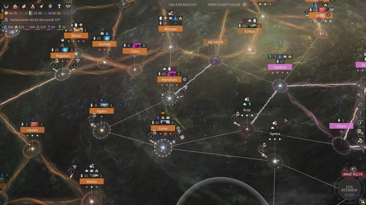 [31/05/2017] Systeme sind durch Sternstraßen verbunden. Im späteren Spielverlauf können wir aber eine Technologie erforschen, dank der sich unsere Schiffe frei über die Map bewegen können.