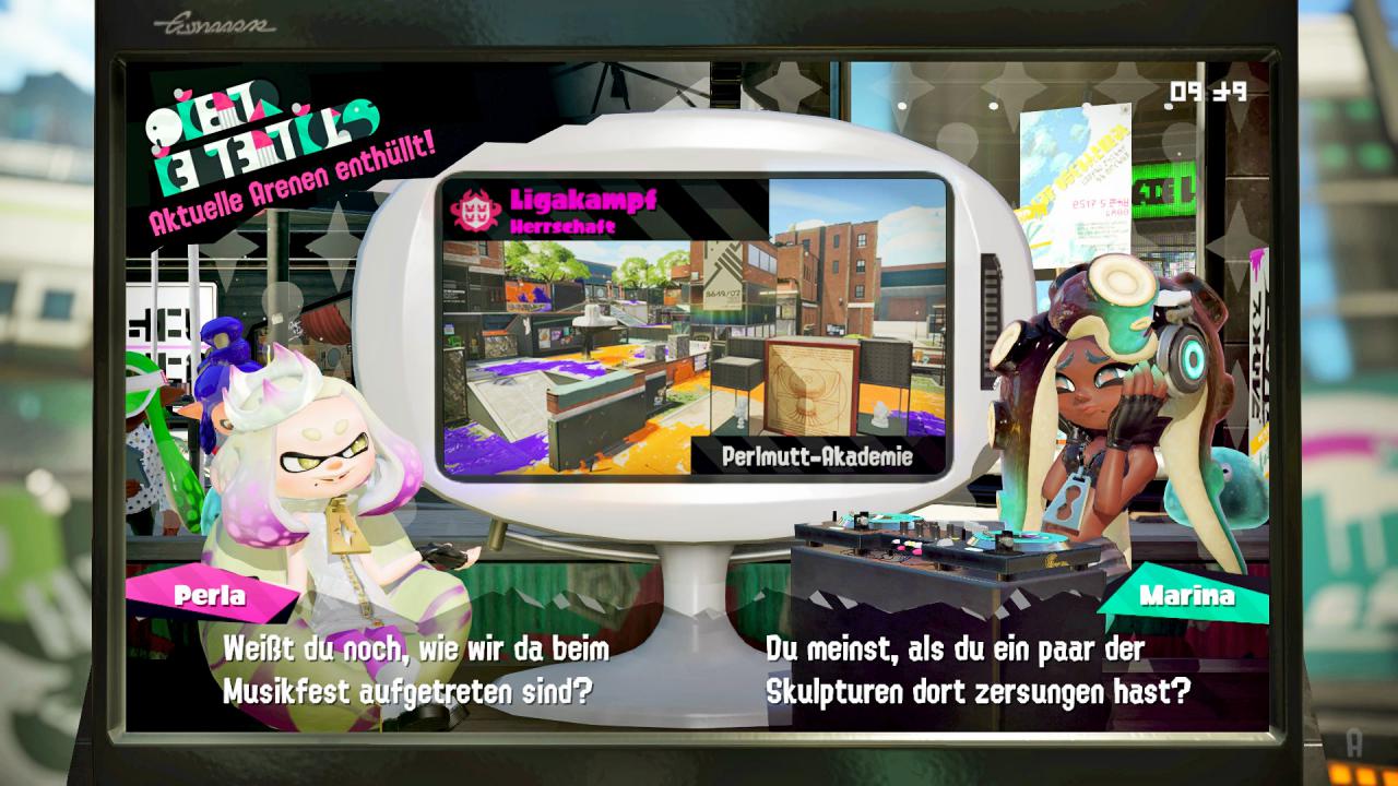 Wenn ihr euch in Splatoon 2 einloggt und mit dem Internet verbunden seid, klärt euch das neue Starduo Perla und Marina über die aktuellen Mehrspieler-Maps auf.