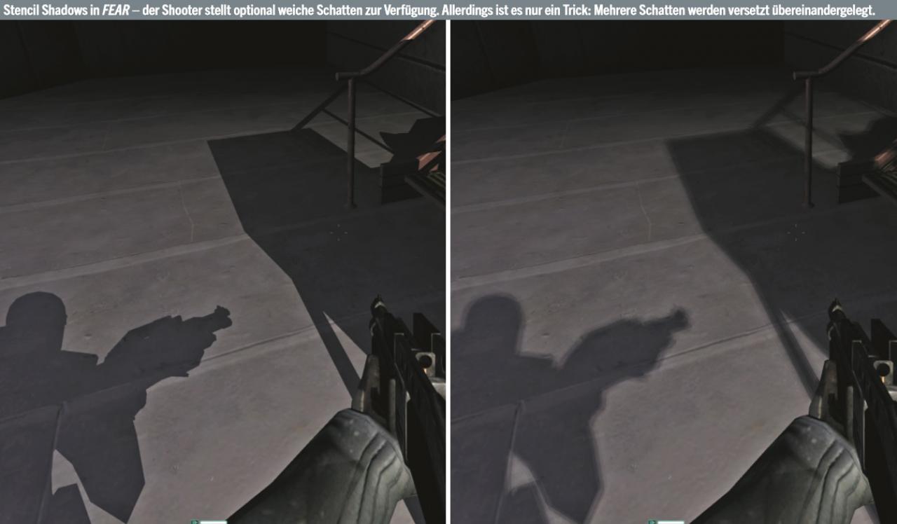 [25/08/2017] Stencil Shadows in FEAR – der Shooter stellt optional weiche Schatten zur Verfügung. Allerdings ist es nur ein Trick: Mehrere Schatten werden versetzt übereinandergelegt.