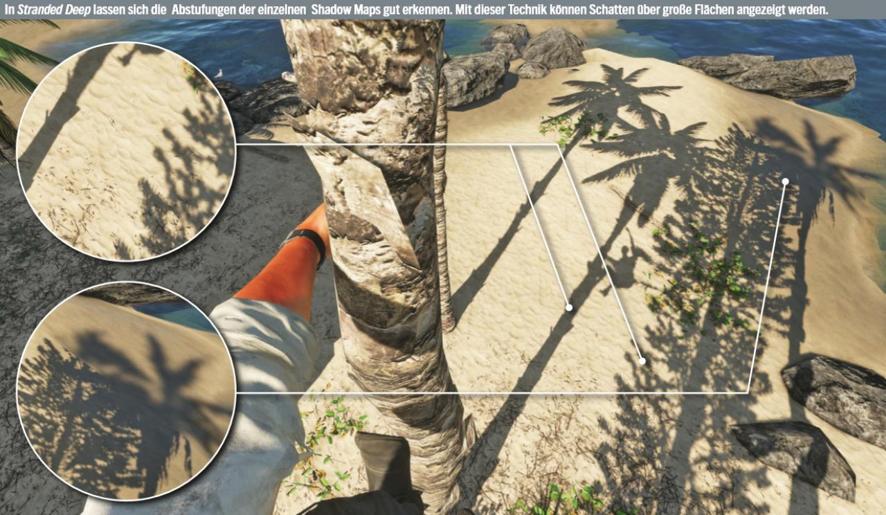 [25/08/2017] In Stranded Deep lassen sich die &nbsp;Abstufungen der einzelnen &nbsp;Shadow Maps gut erkennen. Mit dieser Technik können Schatten über große Flächen angezeigt werden.&nbsp;