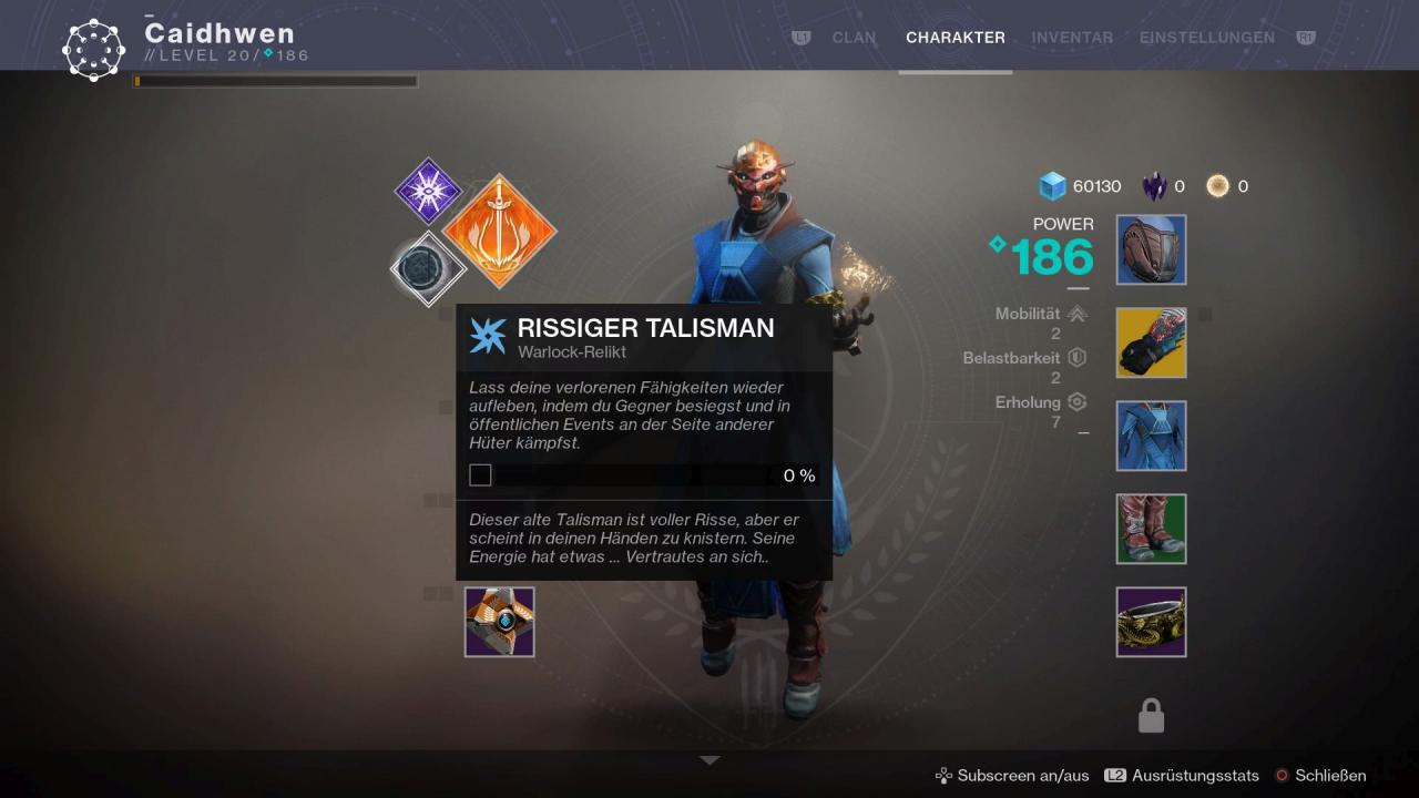 [06/09/2017] Warlocks finden in Destiny 2 Talismane - das sind die Artefakte für die Unterklassen.