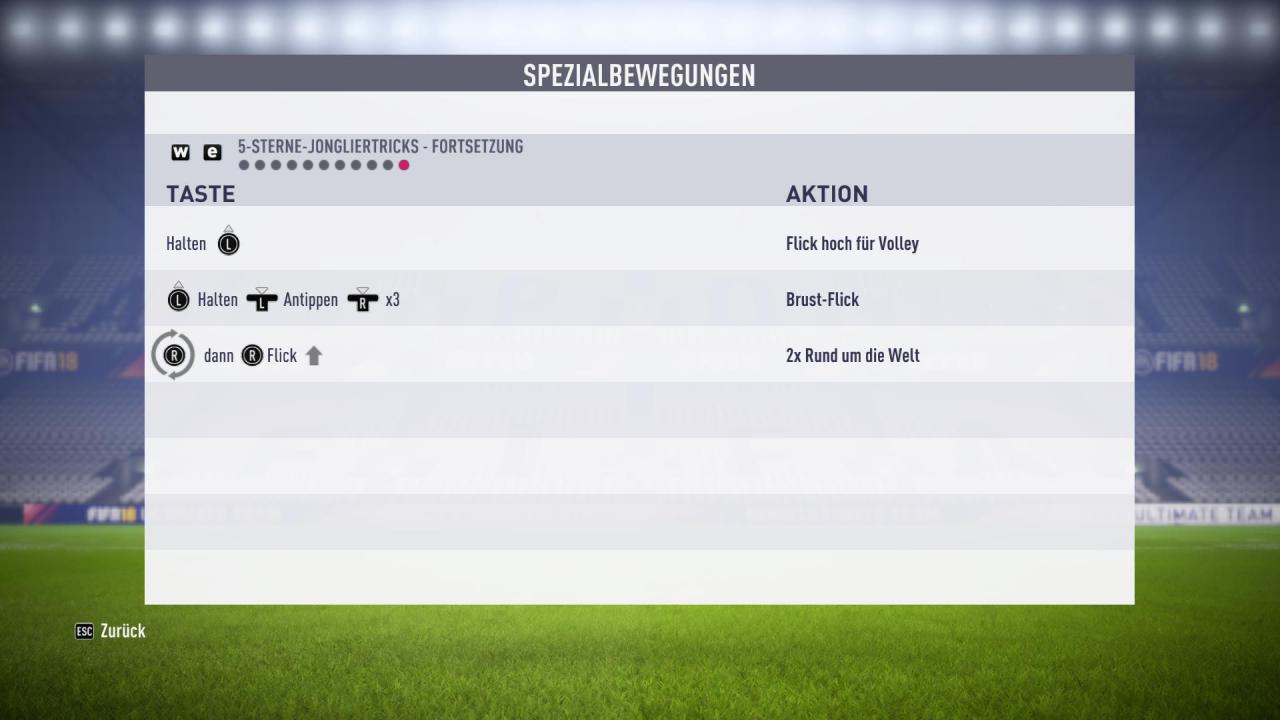 [22/09/2017] Tastenkombinationen für Fünf-Sterne-Tricks (Jonglieren, Fortsetzung) in FIFA 18.