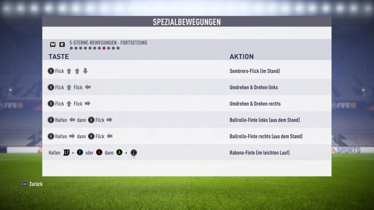 [22/09/2017] Tastenkombinationen für Fünf-Sterne-Tricks (Fortsetzung) in FIFA 18.