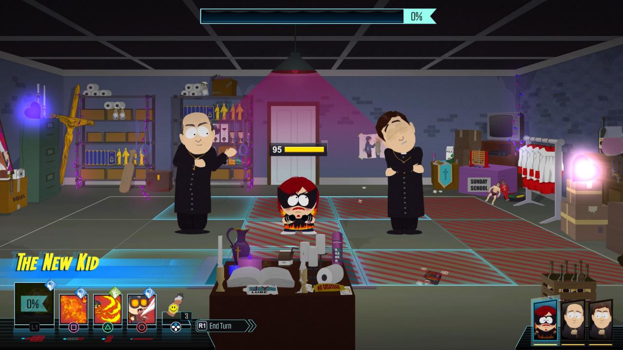 [08/09/2017] In der Kirche von South Park kämpfen wir gegen zwei pädophile Priester. Nicht unbedingt geschmackvoll, aber typisch.