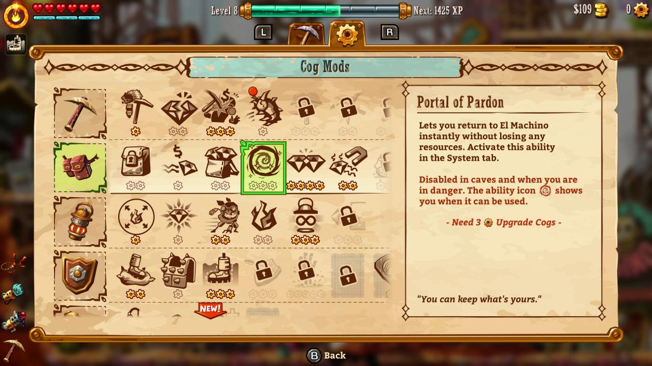 Beim Aufleveln von Ausr&uuml;stung werden auch neue Upgrade-Slots freigeschaltet, die wir mithilfe gesammelter Zahnr&auml;der aktivieren. Cooles System!