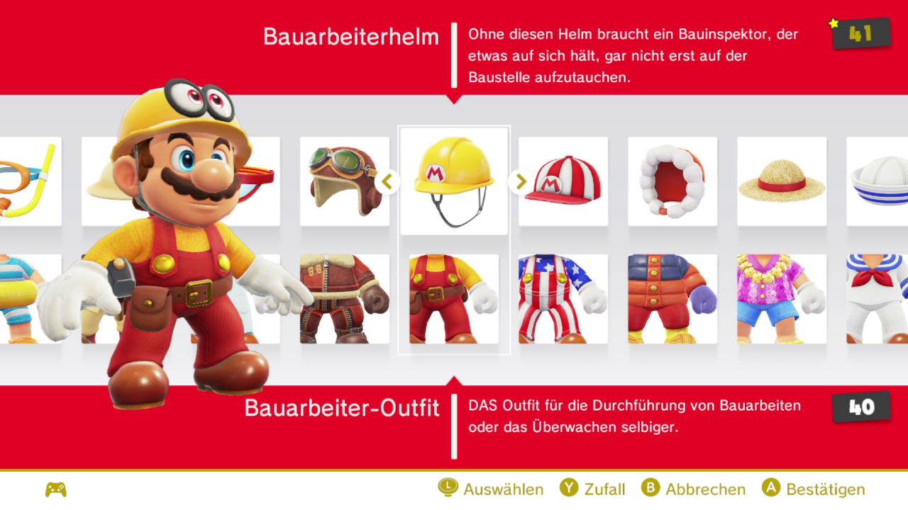 [26/10/2017] Einmal gekauft, kann man in der Odyssey zwichen einer Vielzahl an Kostümen und Hüten für den Helden wählen. Viele davon stellen Hommagen an frühere Mario-Spiele dar.