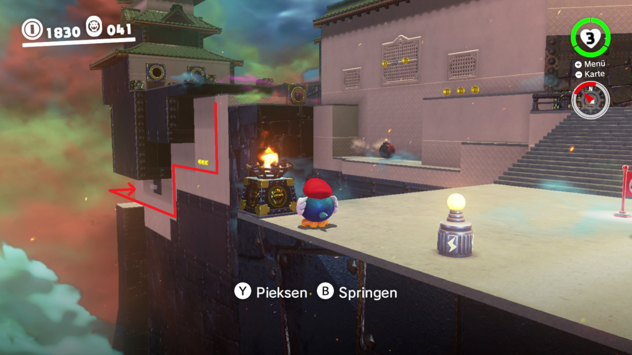 [09/11/2017] Bowsers Land - 6. Mond: Dieser Mond ist nicht der einzige, den ihr nur in der Gestalt eines Piekmatzes erreicht. Ohne die Vögelchen mit den spitzen Schnäbeln wärt ihr in Bowsers Festung also ganz schön aufgeschmissen. 