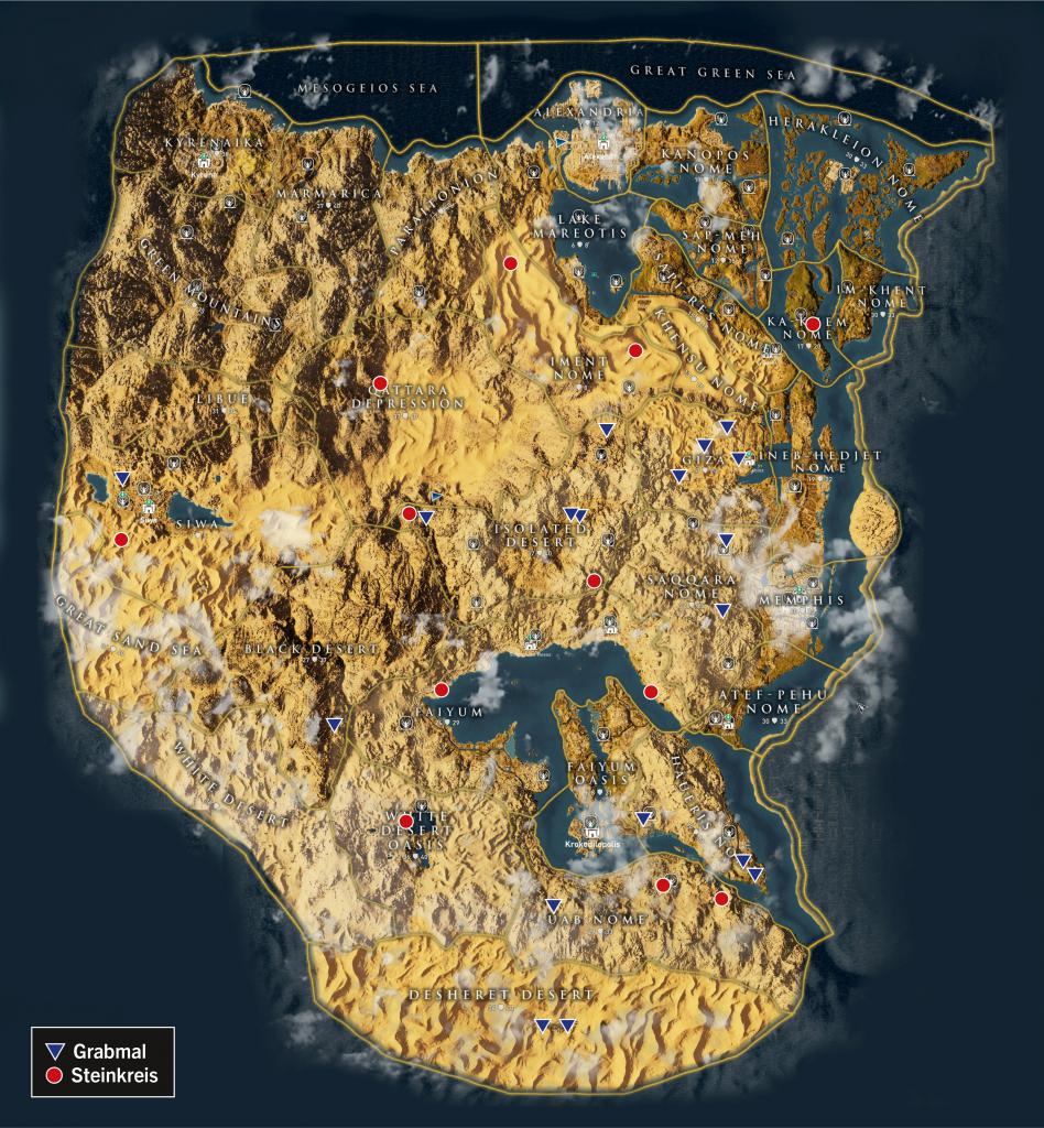 [07/11/2017] Ihr wollt in Assassin's Creed Origins alle Gräber und Steinkreise finden? Dann hilft euch die PC Games-exklusive Weltkarte mit Einzeichnungen weiter! Grabmäler sind blau gekennzeichnet, Steinkreise rot.