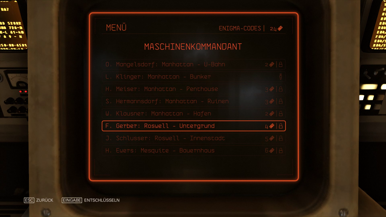 Um einen gewünschten Offizier aufzustöbern, müsst ihr entsprechende Enigma-Codes im Inventar haben.