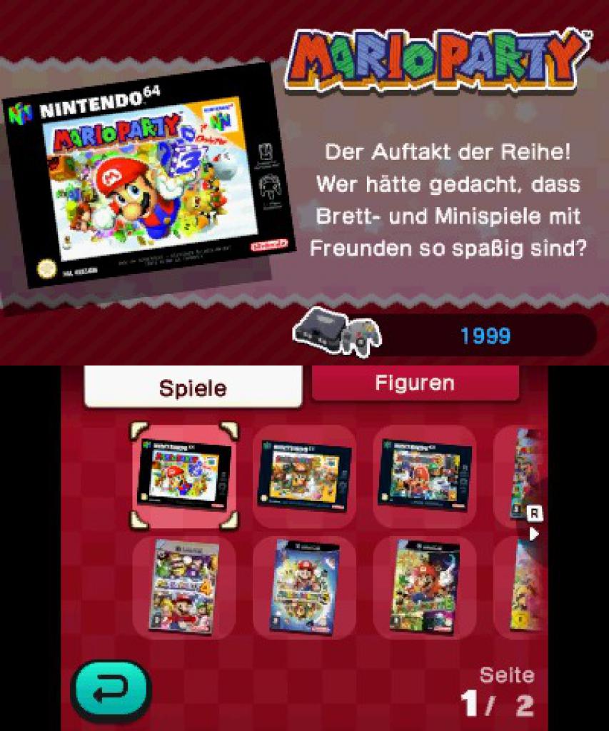 Ein nettes Gimmick für Retro-Freunde ist die Ansicht, in der ihr Infos zu den Mario Party-Spielen und -Figuren bekommt.