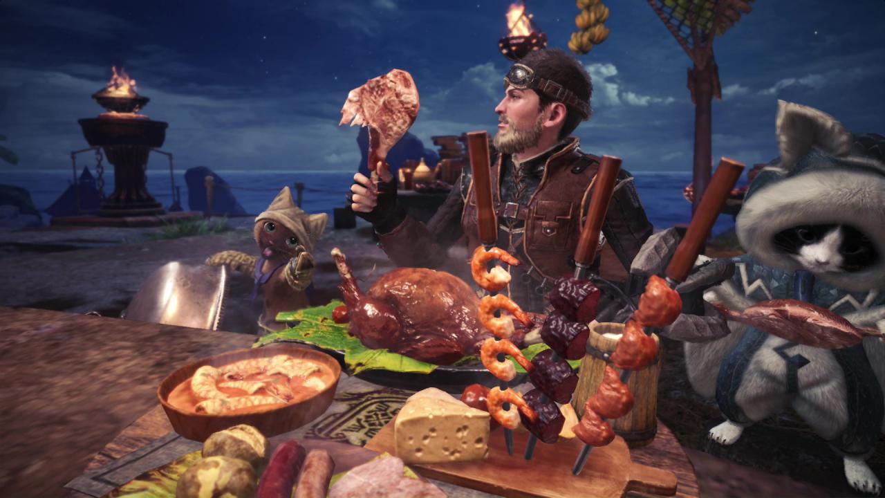 Monster Hunter World-Charakter beim Festmahl vor der Monsterjagd. 