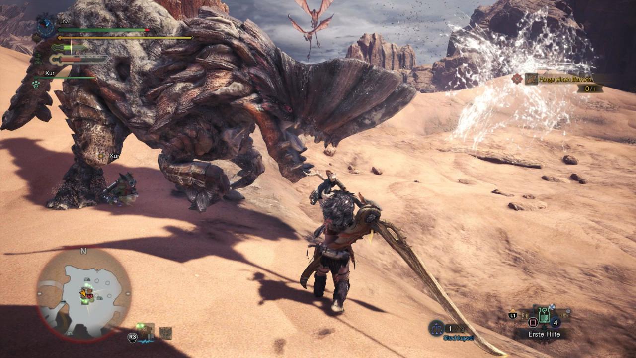Jagdszene aus Monster Hunter World bei der Jagd auf ein Barroth