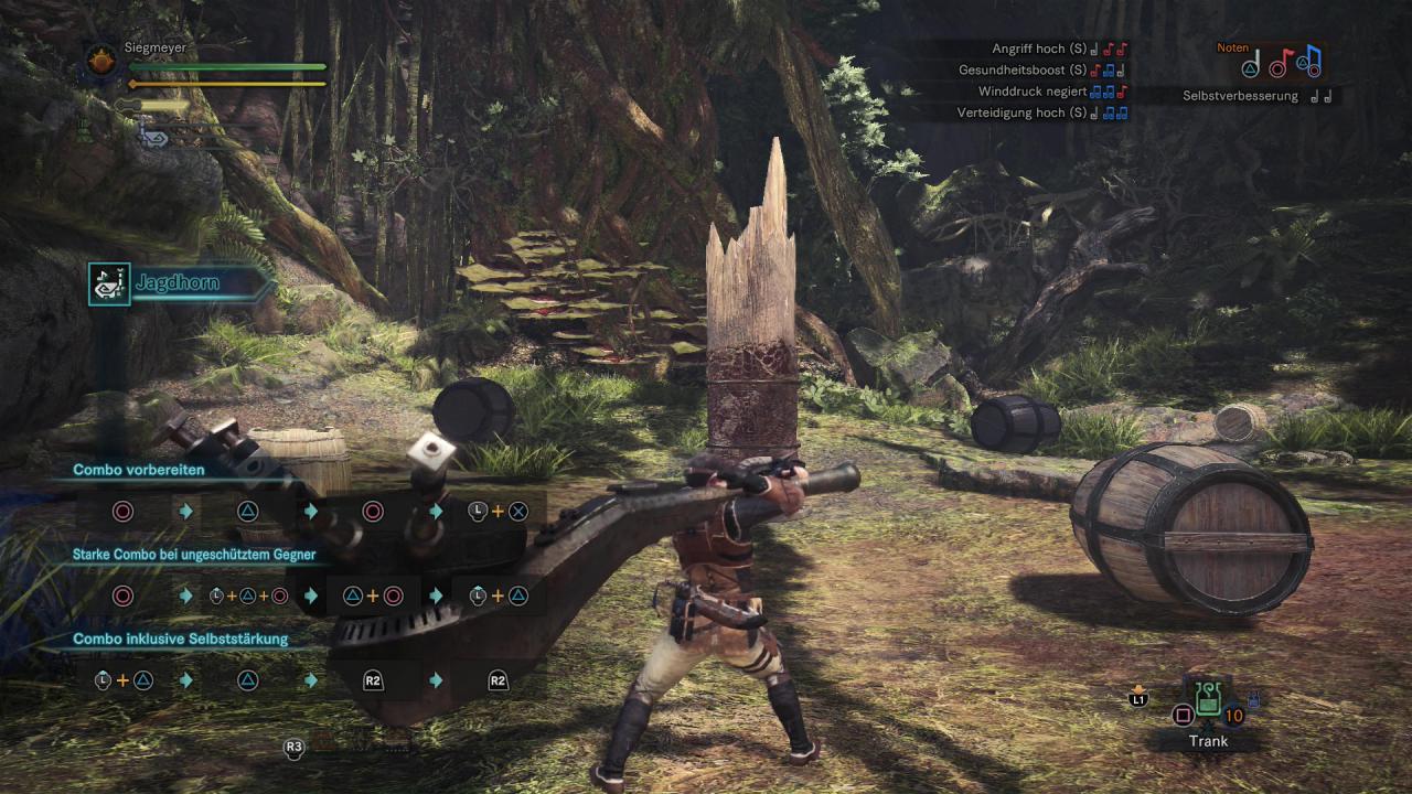 [27/02/2018] Monster Hunter World - Jagdhorn - Rechts oben findet ihr Noten und Songs, die ihr spielt, um Schaden aus- und Buffs zu verteilen.