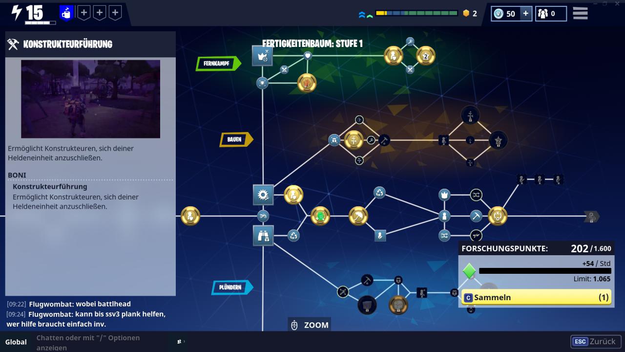 [29/03/2018] Fortnite im Test -&nbsp;Insgesamt acht stark verzweigte Fertigkeiten- und Forschungsbäume erwarten euch in der PvE-Kampagne von Fortnite.