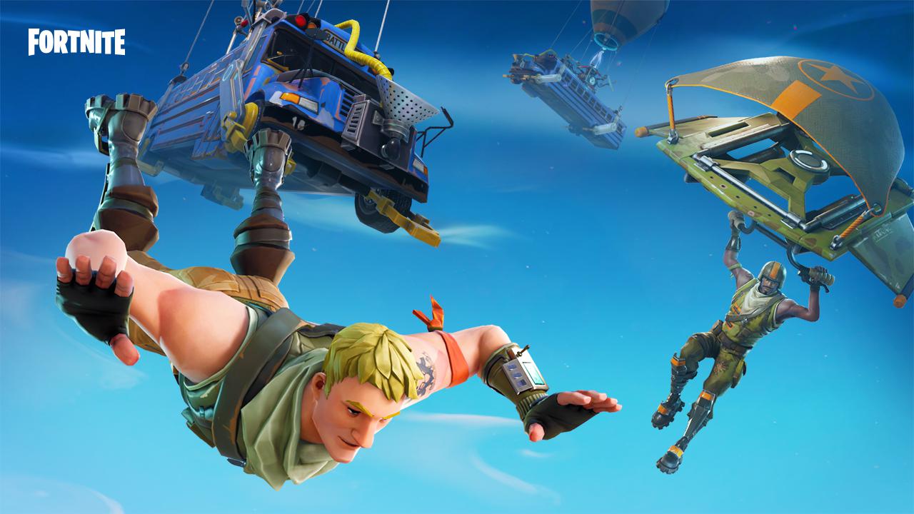 Artwork zeigt Gleiter nach Absprung aus dem Battle Buss in Fortnite.