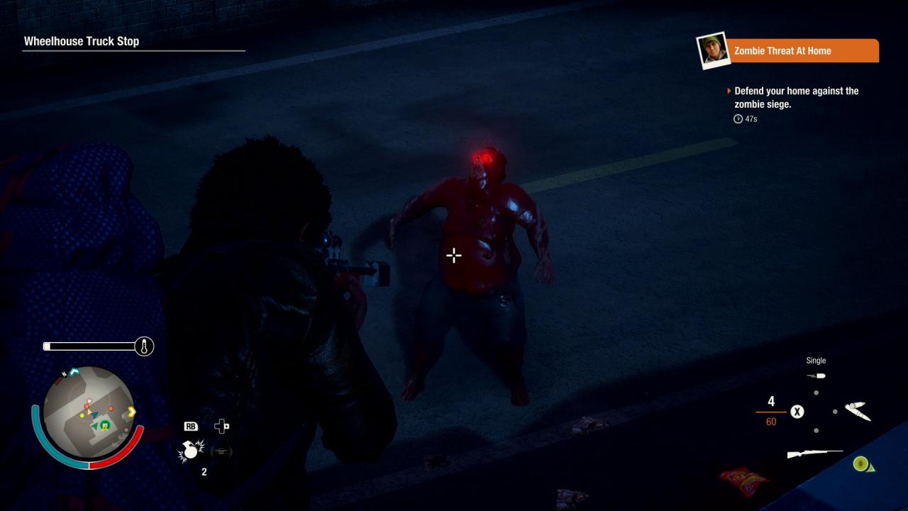 [27/04/2018] Bei Nacht verhalten sich Zombies aggressiver und ihre Augen leuchten blutrot. Entsprechend halten wir Abstand von diesem dicken Burschen und greifen von einer höheren Position aus an.