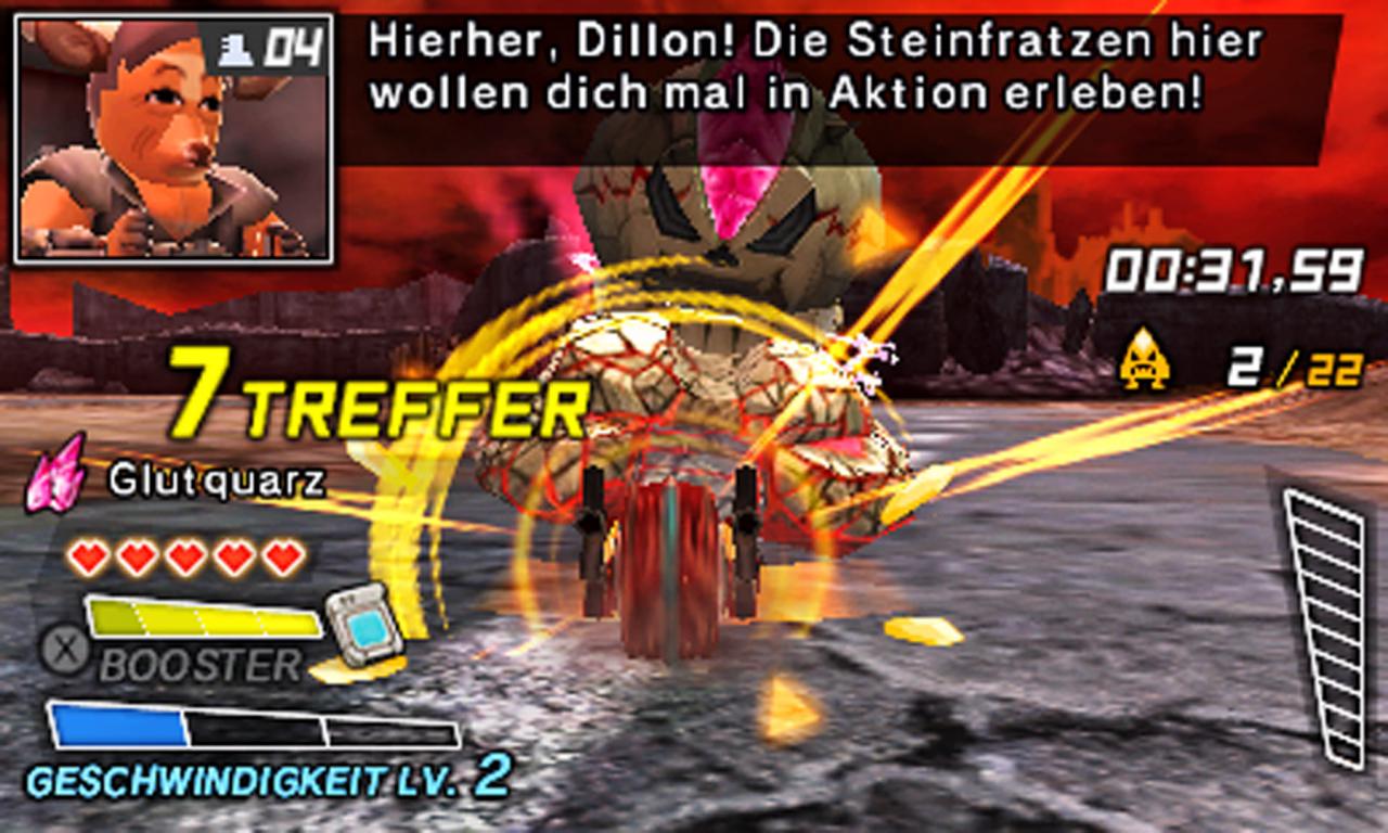 [15/05/2018] Mit voller Fahrt und Booster-Unterstützung rammt ihr die Monster. Eure Begleiter (oben links) halten euch auf dem Schlachtfeld stets auf Trab und kommentieren das Geschehen.