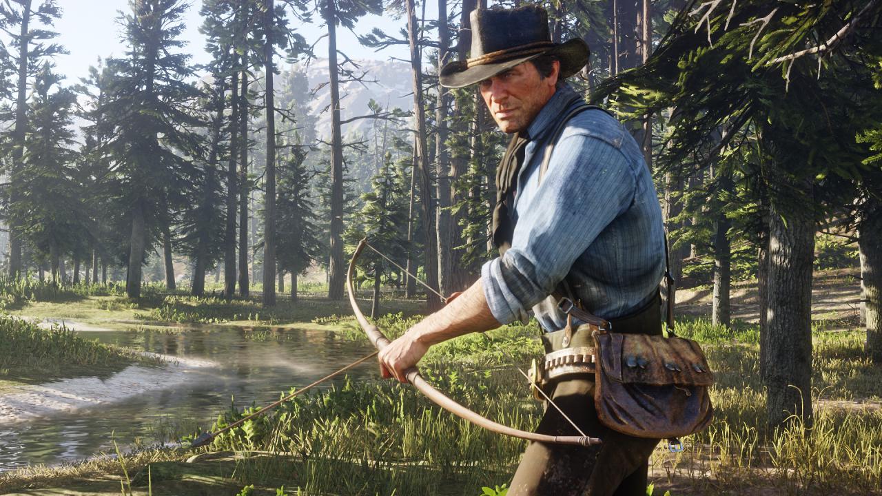 Red Dead Redemption-Held Arthur Morgan mit Bogen in der Wildnis.