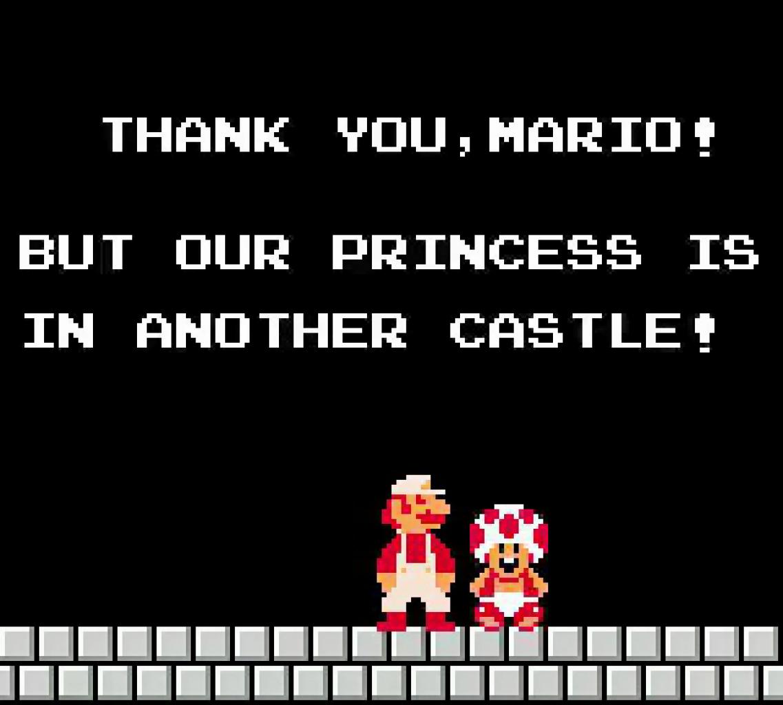 [11/05/2018] Alles wie immer: Bowser weg, aber die Prinzessin ist in einem anderen Schloss, wie uns ein Toad mitteilt. Er ist im Gegensatz zum Original übrigens leicht animiert.