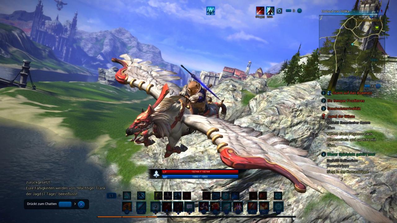 [02/05/2018] Tera im Konsolentest: Damals wie heute ein optisches Highlight: Der Flug auf dem Pegasus. Die matschigen Bodentexturen und aufpoppenden Objekte im Hintergrund gilt es zu ignorieren.